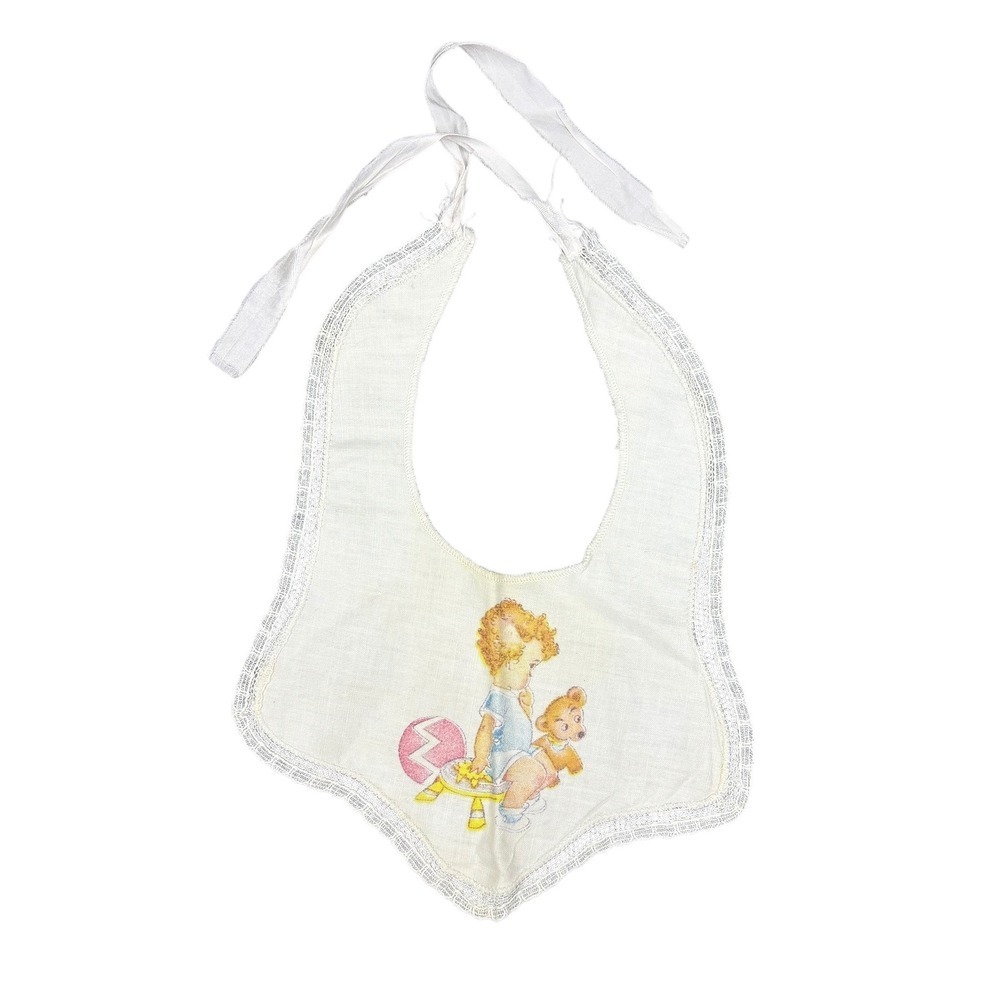 Vintage Antique Baby Bib Embroidered Child Playing with Teddy Bear Lace Trim